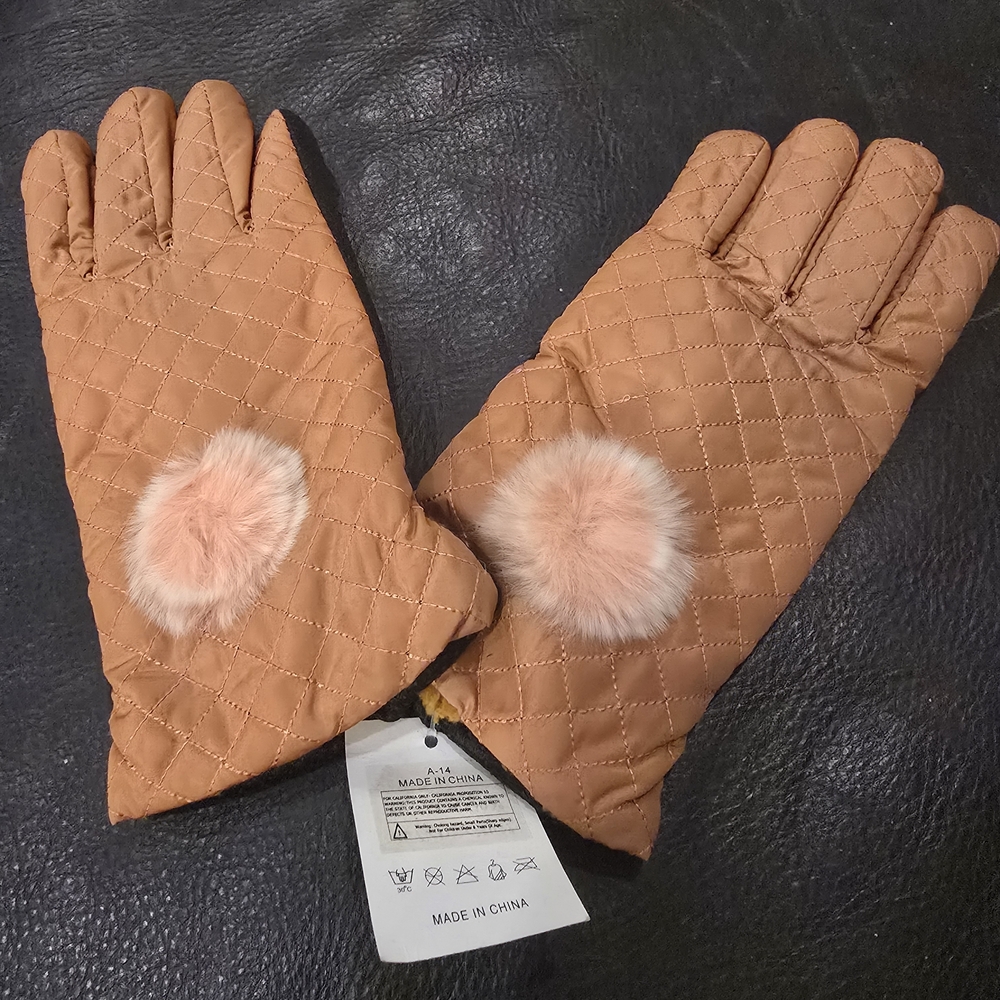 Quilted Tan Gloves with Faux Fur Accents